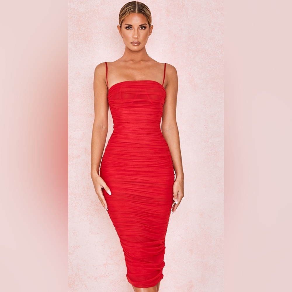 House of CB - Sirene Red Gathered Organza Mesh Red Dress